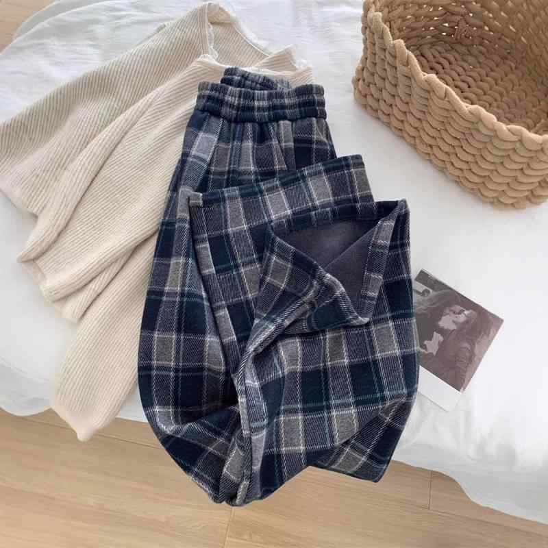 パンツ レディース 秋冬 レトロ チェック ワイドレッグ ゆったり 暖か 起毛 ストレート シルエット カジュアル 普段使い コーディネート 肌色映え ライトカラー フランネル ボトムスx2