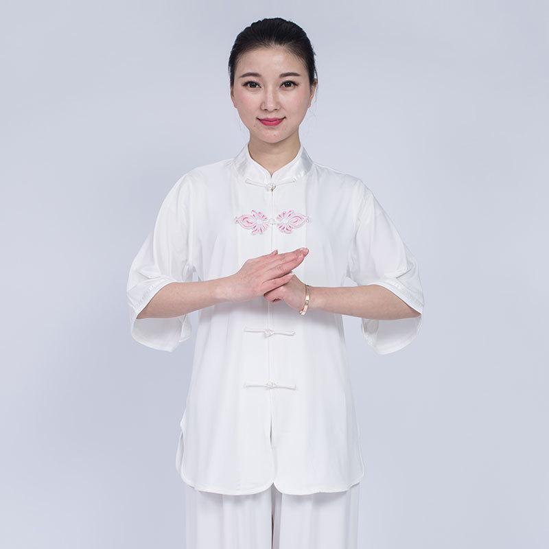 太極拳服 レディース 夏用 綿麻 リネン 短袖 花ボタン 斜め襟 ズボン セット 練習着 快適 軽量 通気性 吸湿速乾