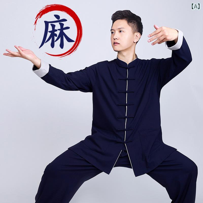 太極拳服 男性用 女性用 綿 麻 リネン 春秋 中国風 高級感 練習着 動きやすい 吸湿性 通気性 ゆったりシルエット｜日用雑貨　RISE店
