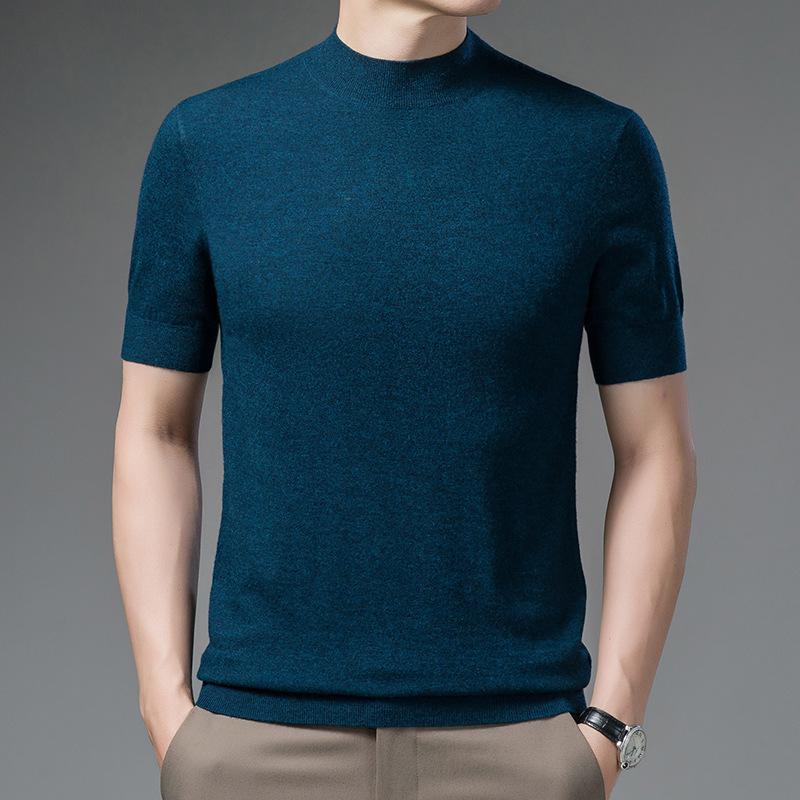 ニットTシャツ メンズ 短袖 羊毛 半高領 春夏 単色 保温性 柔らかい 吸湿性 通勤用 普段使い カジュアルスタイル