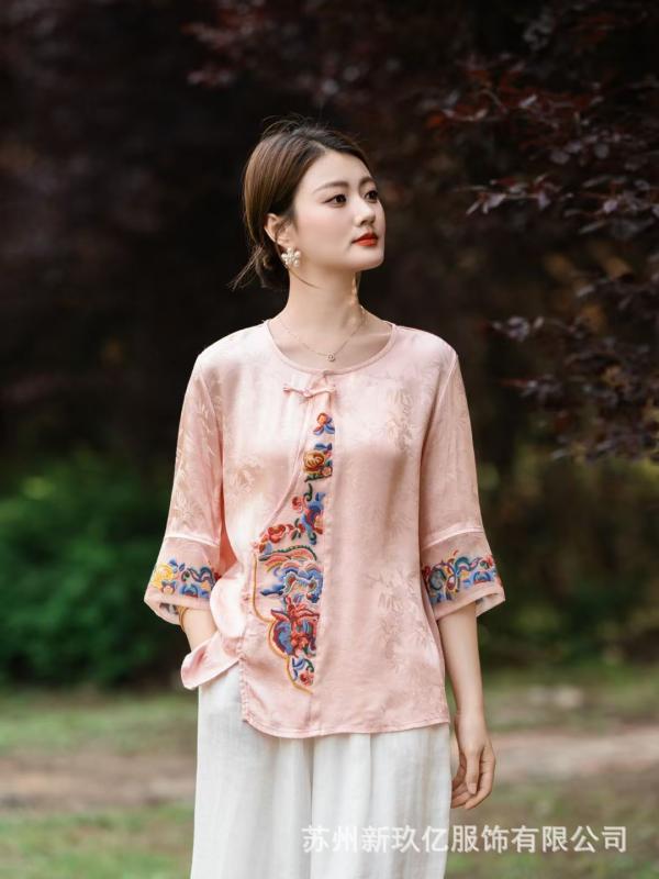 レディース シャツ 中国風 刺繍 提花柄 ゆったり 七分袖 丸襟 スタンドカラー 夏用 再生繊維 涼しい 軽量 カジュアル 普段使い