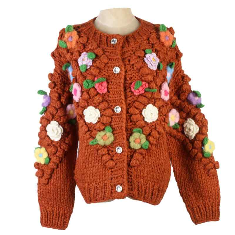 カーディガン 女性用 秋冬 花柄刺繍 丸首 長袖 ゆったり ニット 棒針編み シングルボタン かわいい カジュアル トップス