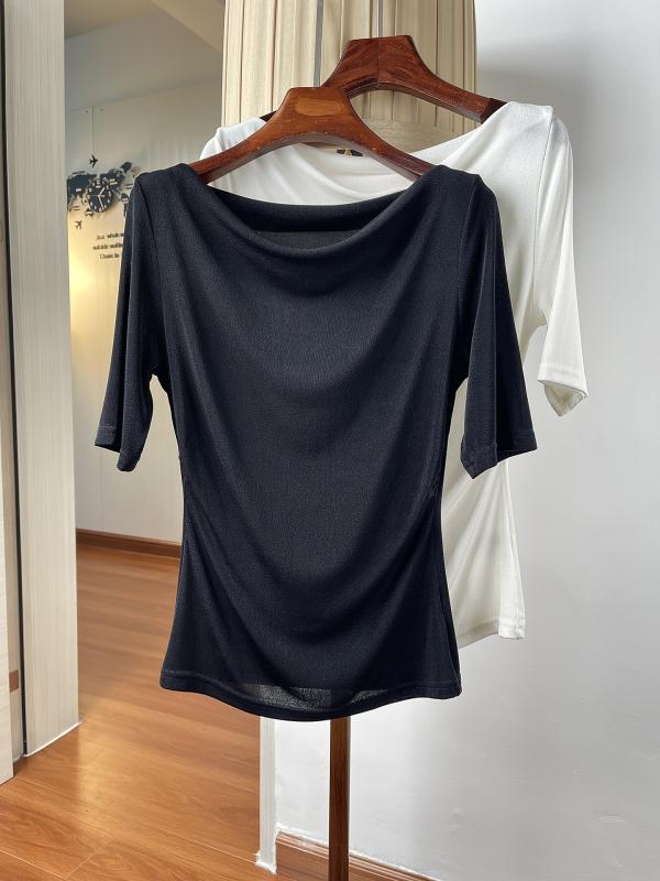 レディース Tシャツ 夏用 薄手 接触冷感 ニット トップス プリーツ ウエストシェイプ タイト スリム Vネック 短袖 伸縮性 吸湿速乾 普段使い