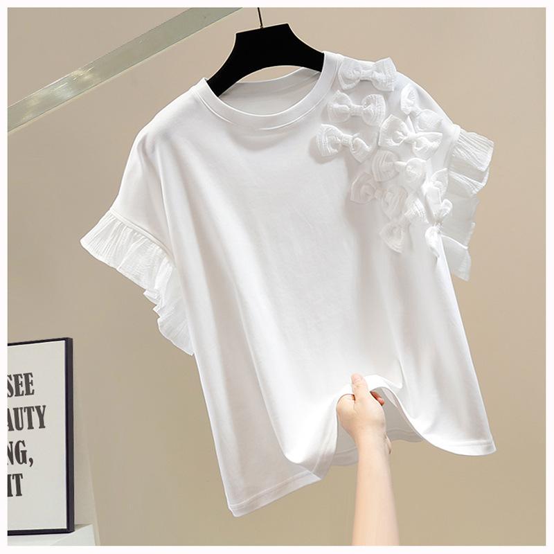 Tシャツ 女性用 ラウンドネック プリーツ フリル 切り替え 立体リボン 飾り ゆったりシルエット トップス カットソー 普段使い かわいい