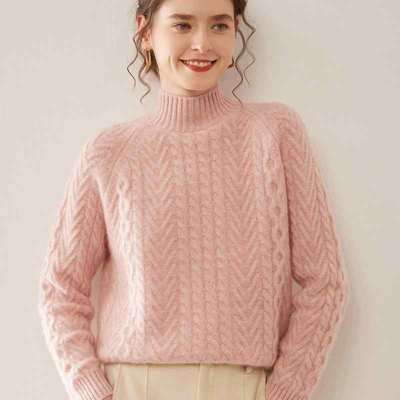 レディース カシミール 朦々たる 生あたたかい 二分の一ハイネック ラグラン袖 捩じれ編み 影ぼうし 単色 御前上等感 編み物プルオーバー インナートップス 普段使い走り パステル色の 原料品 セーター-レディースファッション