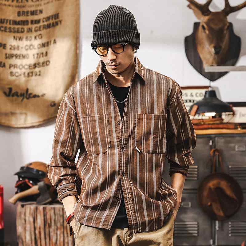 シャツ メンズ レトロ ストライプ 長袖 春 カジュアル 普段使い ビンテージ トップス 通気性 綿混 軽量 デイリー ラフスタイル