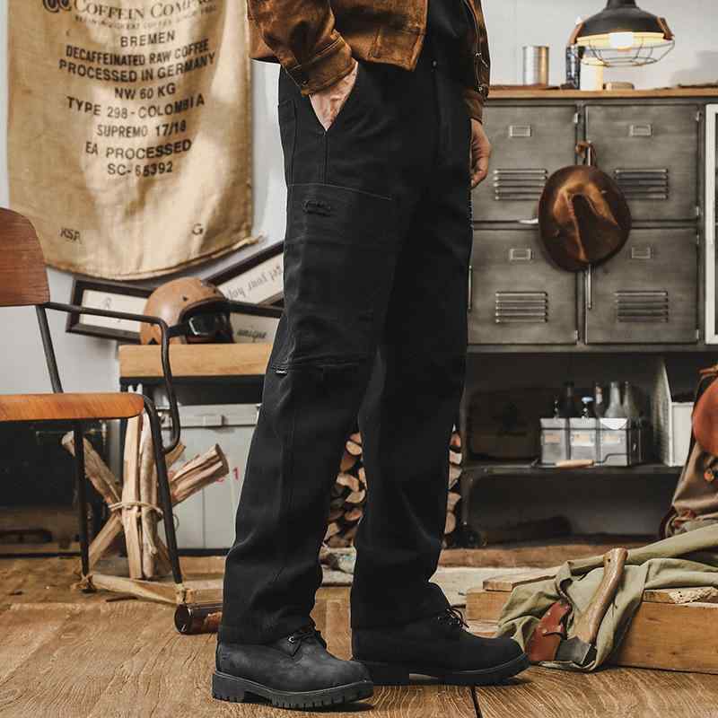 カーゴパンツ メンズ ストレートレッグ 秋用 フィット マルチポケット レトロ アメリカンスタイル ブラック カジュアル 普段使い コットン混 伸縮性