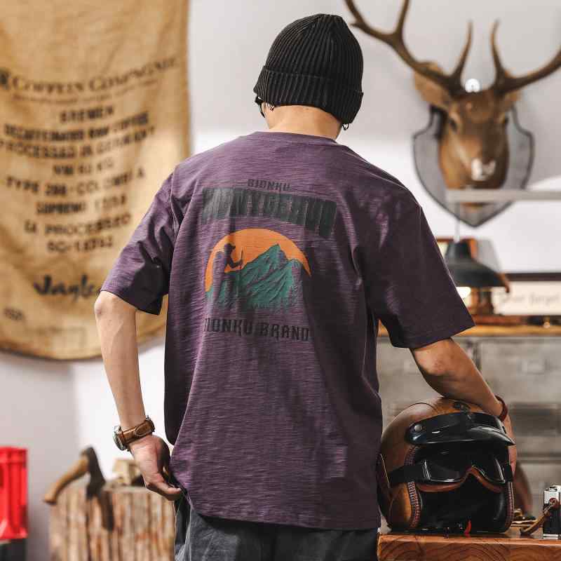 メンズ 短袖 Tシャツ トップス 高級感 竹節 柄 夏 用 アウトドア レトロ マウンテン スタイル パープル カジュアル 普段使い 軽量 吸湿速乾 紫色 ビンテージ 潮 ファッション