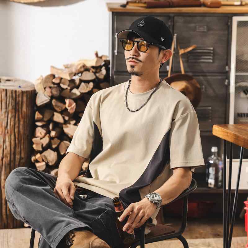 Tシャツ メンズ 短袖 カーキ色 切り替え ゆったり 夏用 ストリートスタイル コットン素材 吸湿速乾 ラフシルエット カジュアル