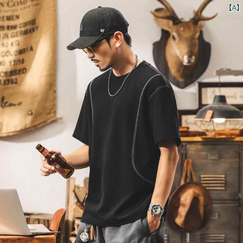 メンズ Tシャツ 短袖 切り替え トップス アメリカン ストリート スタイル ゆったり ビッグシルエット カジュアル 夏 普段使い 日常着