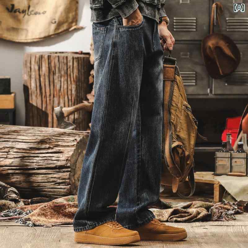 デニムジーンズ メンズ レトロ アメリカン 厚手 ストレート ワイドレッグ ビッグシルエット 春 ウォッシュド カジュアルパンツ コットン混 普段使い ゆったり