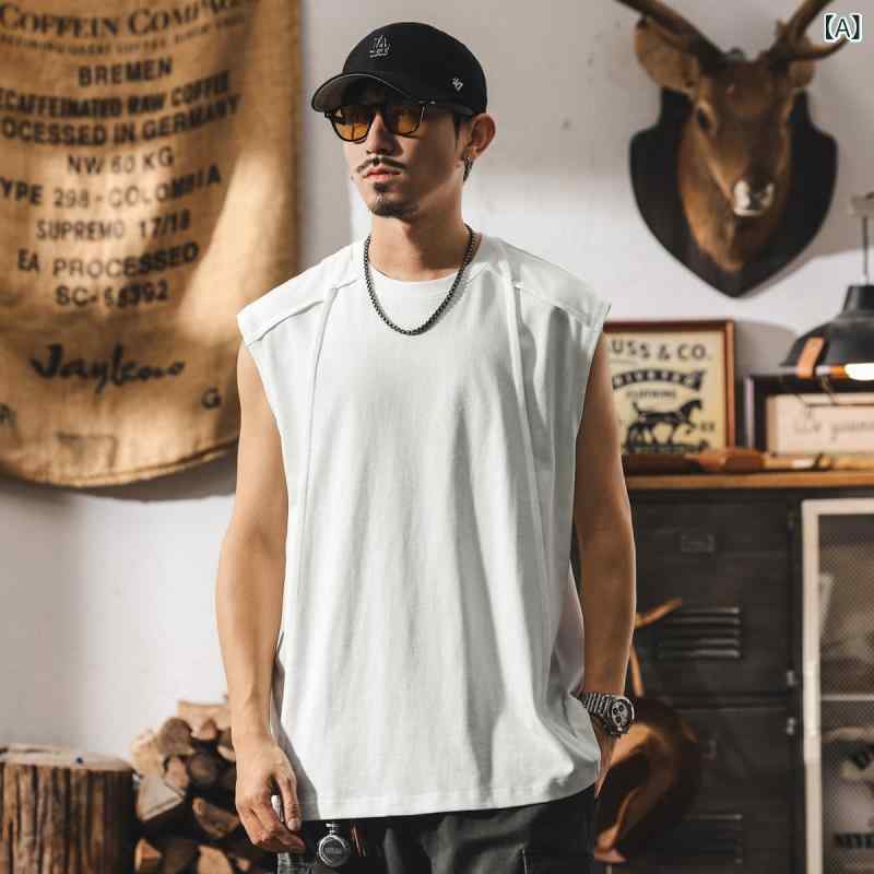 ノースリーブTシャツ メンズ レトロ アメリカン スタイル ゆったり 無袖 綿 夏用 切り替え 厚手 トップス フィット カジュアル
