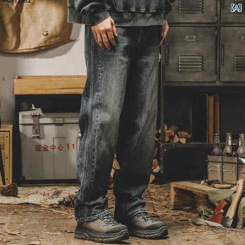 デニムパンツ メンズ ストレート レトロ ヴィンテージ ウォッシュ加工 秋 カジュアル 普段使い アメリカンスタイル ヘビーウェイト デニム生地 通勤対応 軽量 伸縮性