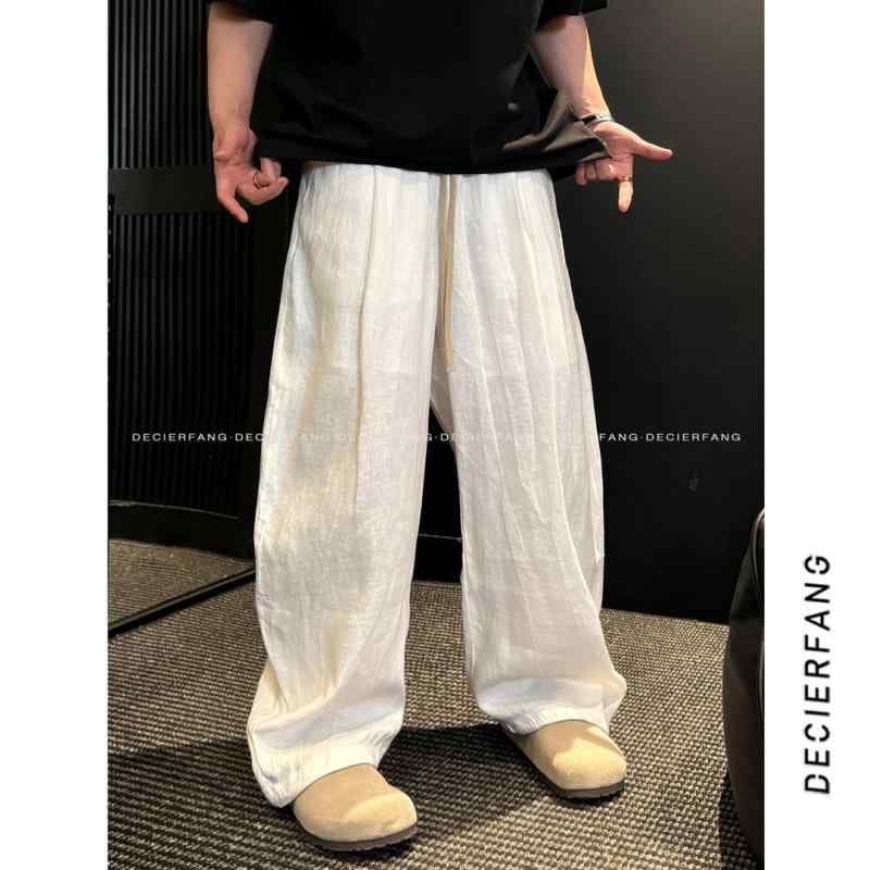 メンズ 夏用 薄手 カジュアルパンツ シンプル ファッション ゆったり 百搭 快適 通気性 ワイドレッグ 普段使い 軽量 ストレッチ コットン混 ブラック グレー