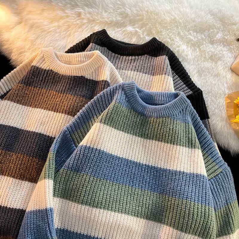 ニットセーター メンズ ストライプ 厚手 ゆったりシルエット クルーネック 秋冬 暖か 伸縮性 保温 普段使い カジュアル フィット デイリーウェア コージー