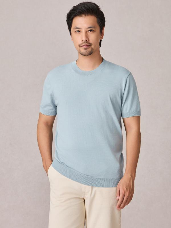 メンズ 短袖 ニット Tシャツ クルーネック ゆったり 通勤用 無地 接触冷感 吸湿速乾 通気性 夏用 軽量 カジュアル