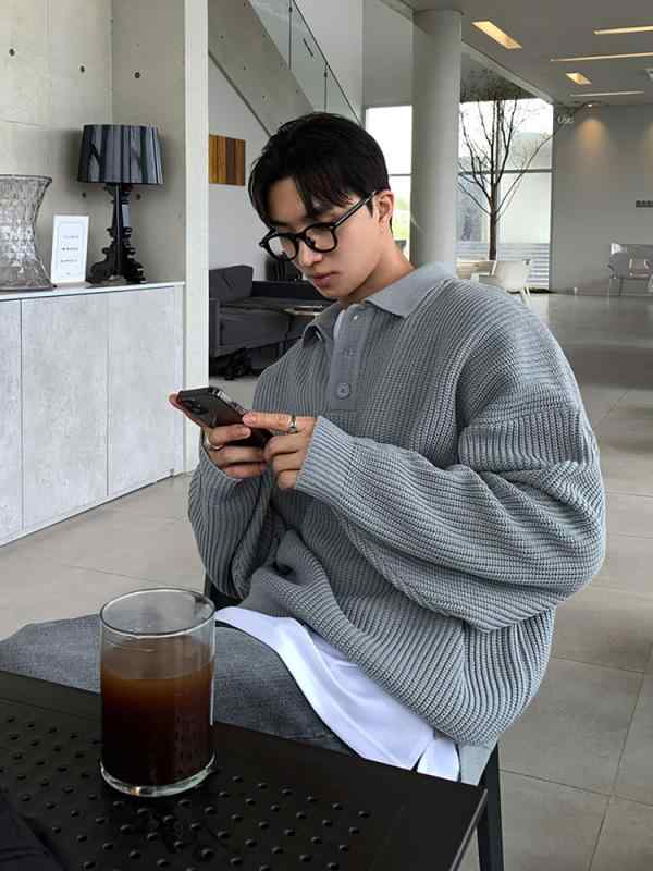 秋冬 ニットセーター プルオーバー 無地 ゆったり カレッジスタイル 襟付き ボタン 長袖 カジュアル トップス 暖かみ リラックスフィット プレッピー ウール混 日常使い