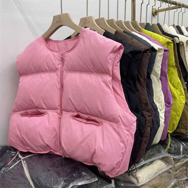 ダウン ベスト レディース 厚手 ショート丈 ノーカラー ゆったり 白鴨ダウン 暖か 防寒 アウター 秋冬 カジュアル レイヤード 普段使い