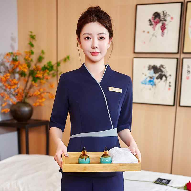 女性用 中袖 作業服 ユニフォーム 美容室 SPA 足湯 ネイルサロン スタッフ服 サービス業 軽量 伸縮性 通勤用 普段使い 綿素材 シンプル ブラック ピンク系 アイボリー
