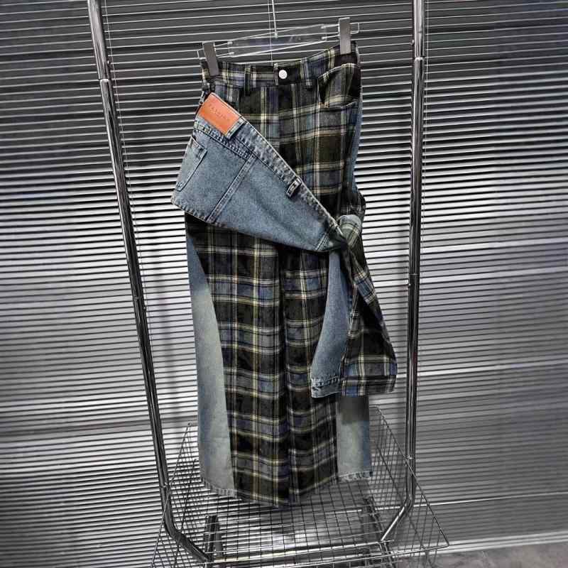 レディース デニムパンツ ロング丈 チェック柄 切り替え 取り外し ウエストベルト 秋冬 カジュアル ストレッチ 素材 快適 フィット