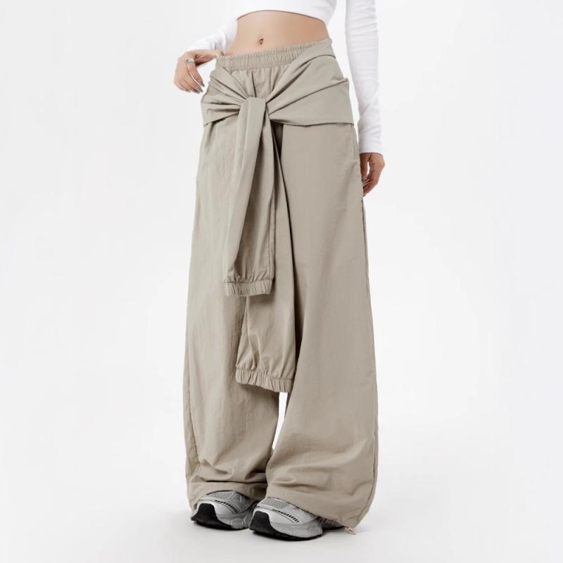 レディース ワイドパンツ 夏用 レトロ アメリカン 紐付き カジュアル ストリート ヒップホップ ストリートダンス ストレートレッグ ゆったり ボトムス フィット ストリートファッション