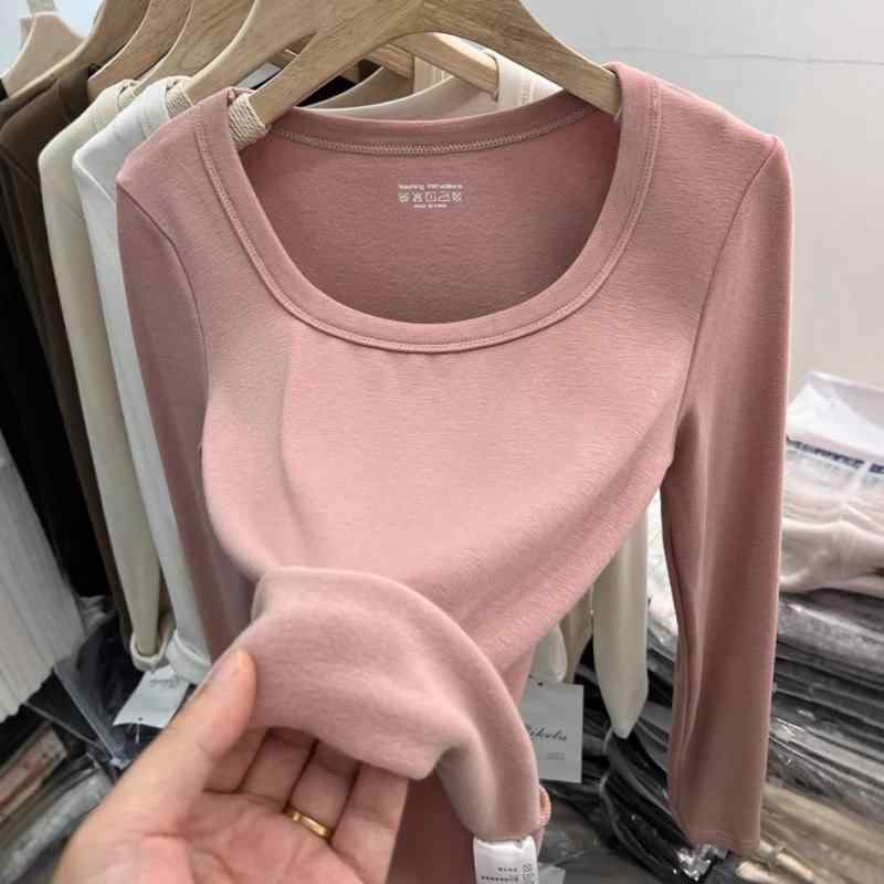Tシャツ レディース 低め丸襟 鎖骨見せ 薄手起毛 長袖 秋冬 柔らかい 肌触り良い 暖か インナー トップス カジュアル 日常使い ベースレイヤー
