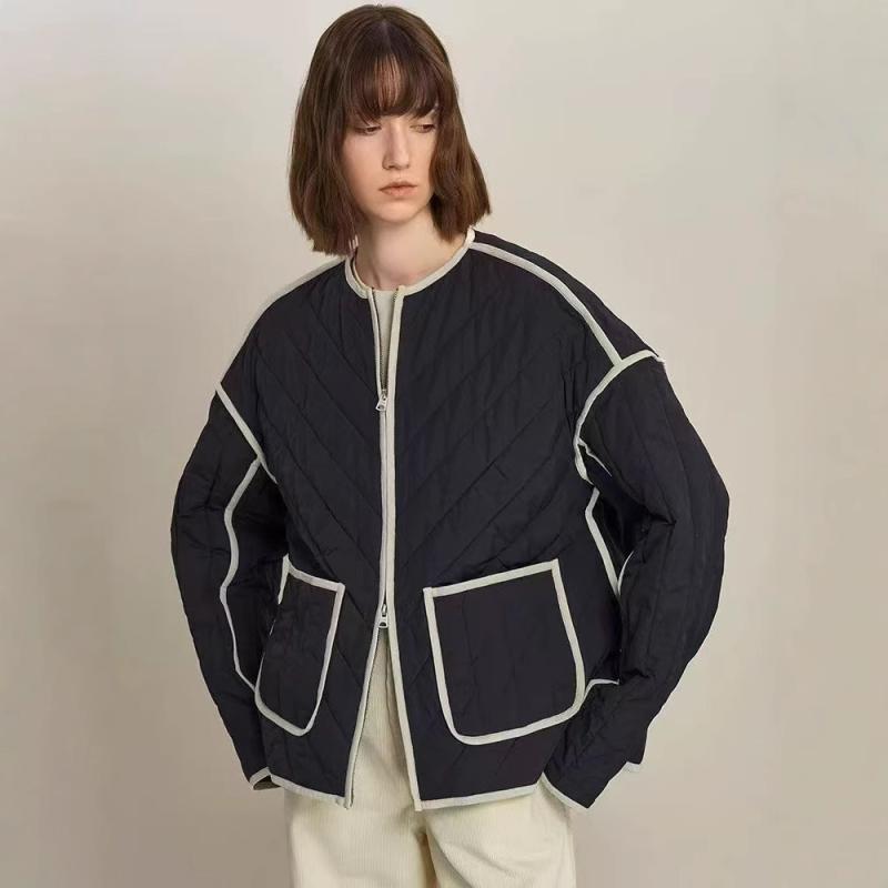 レディース キルティングコート 秋冬 ゆったり スリムライン コントラストカラー ラウンドネック ダブルポケット 快適 綿素材 軽量 伸縮性 吸湿速乾