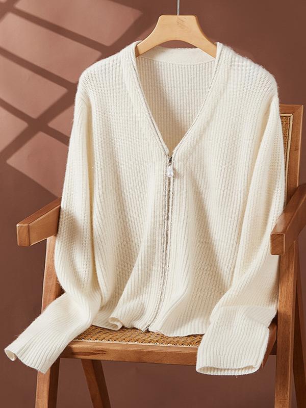 レディース 秋冬 カシミヤ ニット カーディガン ジッパー スリム フィット 通勤用 高級感 セーター アウター トップス 暖かみ 柔らかい 素材 すっきり シルエット