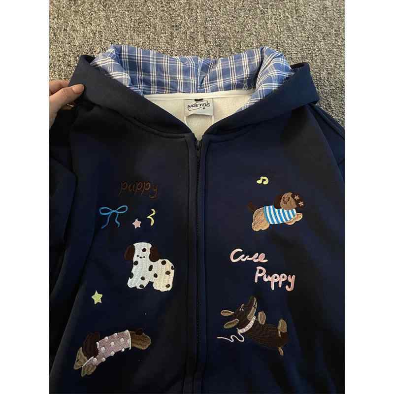 パーカー レディース 秋冬 チェック柄 切り替え フード付き 犬刺繍 フィット ジッパー 厚手 暖か スウェット トップス アウター ゆったり 性