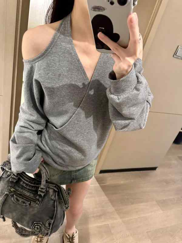 レディース オフショルダー Vネック スウェット トップス クロス 2way ハングネック カジュアル かわいい クール セクシー スタイル 普段使い 軽量 伸縮性