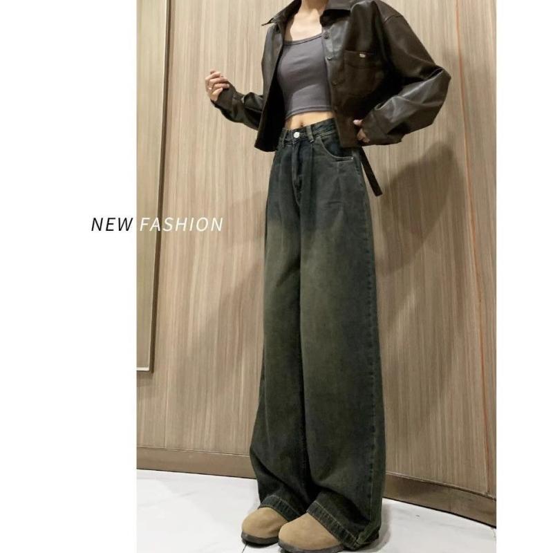 デニムパンツ 女性用 ワイドレッグ ハイウエスト ゆったり ストレート ロング丈 グレー 春夏秋 カジュアル 普段使い デニム素材 ストレッチ
