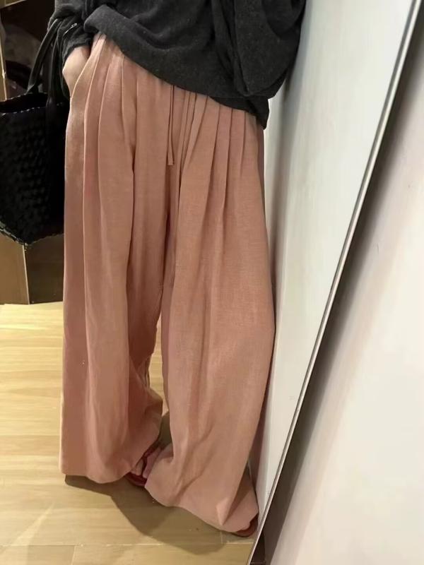 レディース ラミー ワイドレッグパンツ 春夏 ゆったり 紐付き スリム効果 ストレート カジュアル 麻素材 吸湿速乾 軽量 通勤 普段使い
