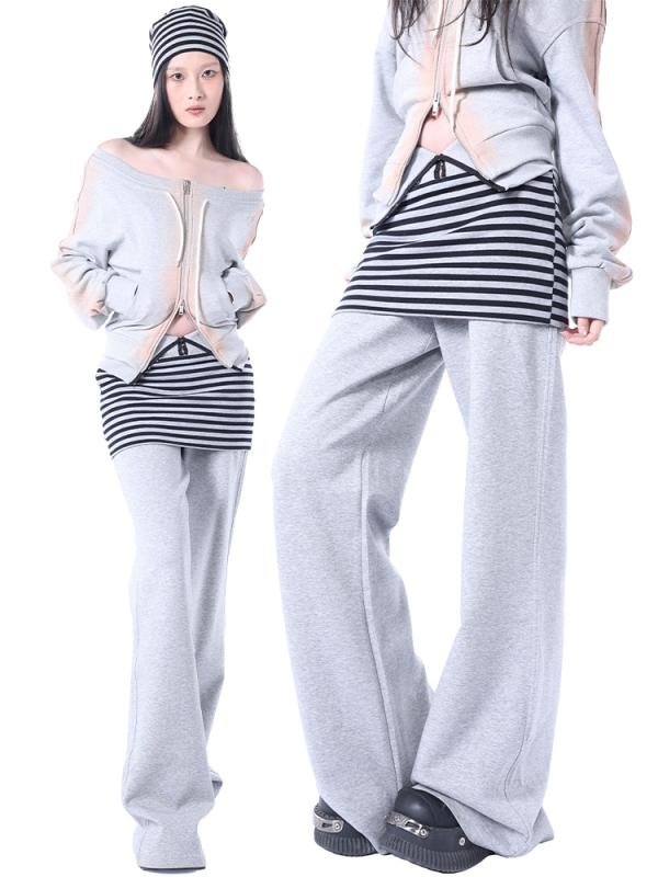 レディース 春夏 ストライプ 切り替え グレー ストレート パンツ ゆったり カジュアル 普段使い ファッション ボトムス 女性用 快適 コーディネート自在