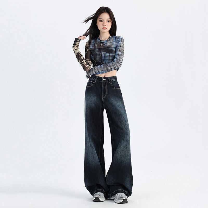 レディース デニムパンツ 秋冬 ワイドレッグ ストレート ダークブルー ウォッシュ加工 リラックス ロング カジュアル ゆったり コットン 素材 普段使い 快適 ビッグシルエット