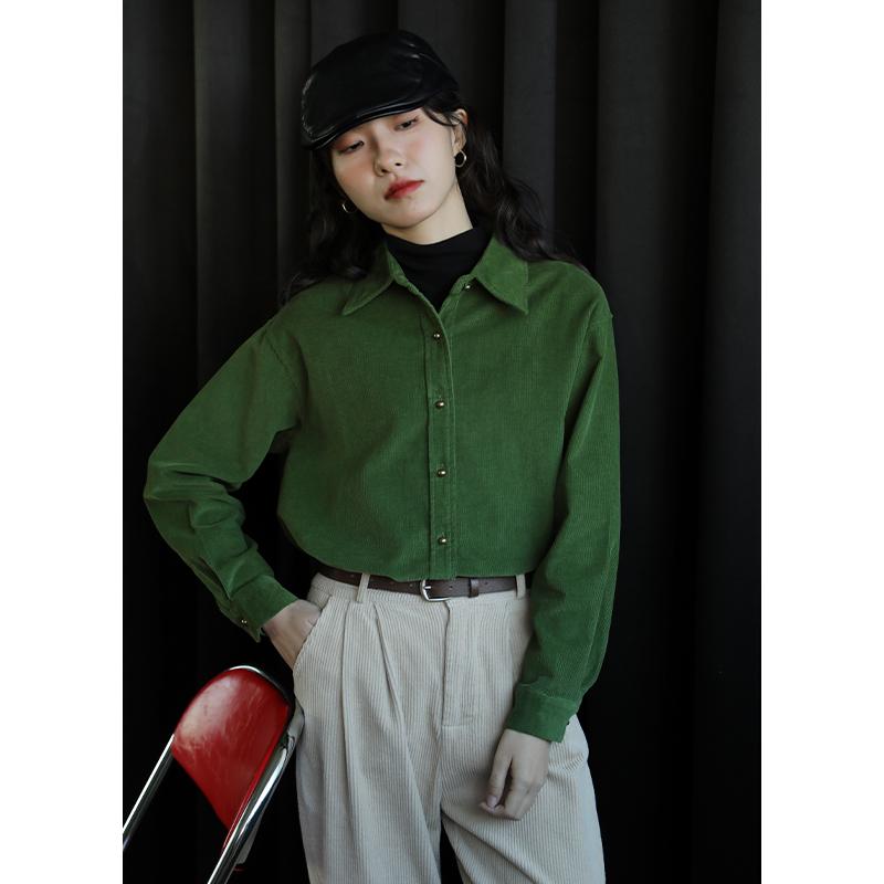シャツ レディース 長袖 グリーン コーデュロイ 冬 カジュアル レトロ ユニーク 合わせやすい 暖か素材 トップス ファストファッション 風