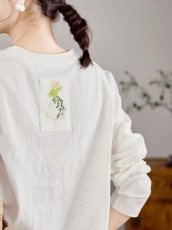 レディース 長袖 刺繍 トップス 爽やか ホワイト スラブコットン コットン 100% インナー ベースレイヤー 春 日常使い 軽量 伸縮性
