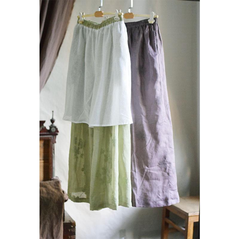 レディース 春夏 ロングパンツ 禅意 刺繍 ラミー麻 吸湿速乾 透け防止 ショーツ内蔵 軽量 通気性 涼しい 普段使い ストレッチ
