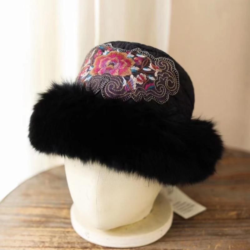 帽子 女性用 ワイドブリム エスニック 刺繍 ボンネットハット レトロ ブラック ファー 手工芸 装飾 ファッション スタイル|日用雑貨 RISE店