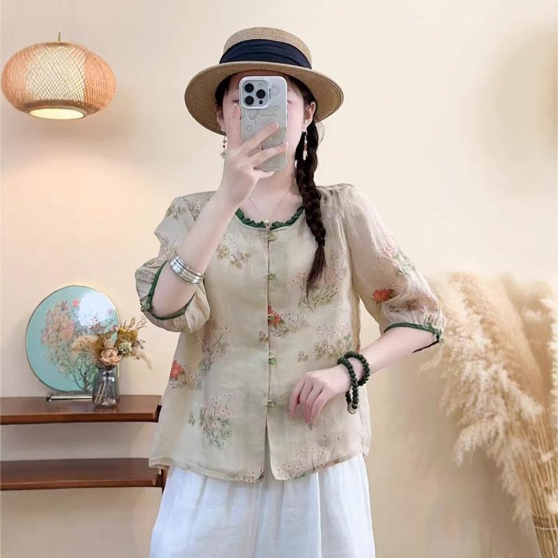 ジレー レディース 夏 麻原料品 色彩設計 丸首 フラウンス外辺部 七分袖 か細い填まる トップス トップ 軽さ 吸湿速乾 普段使い