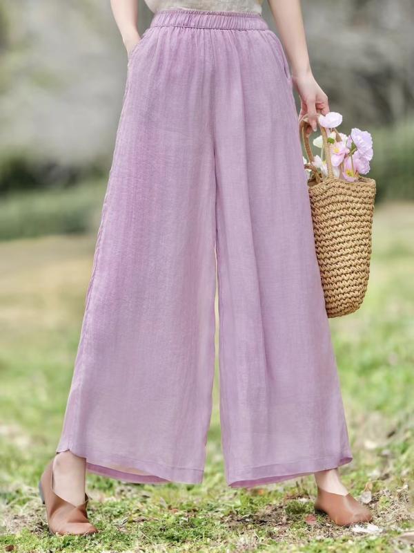 夏 ワイドパンツ ラミー素材 ゆったり 二重 薄手 レトロ 禅風 シンプル カジュアル 普段使い 通気性 軽量 ボトムス 麻 フィット