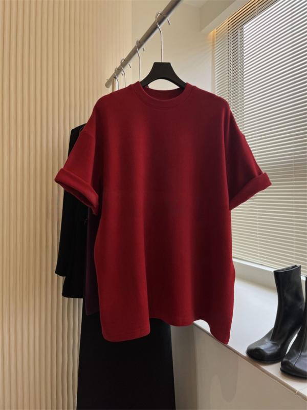 Tシャツ トップス 春 赤 ビッグシルエット ドロップショルダー 厚手 フランネル 暖か ゆったり ショートスリーブ コットン混 普段使い|日用雑貨 RISE店