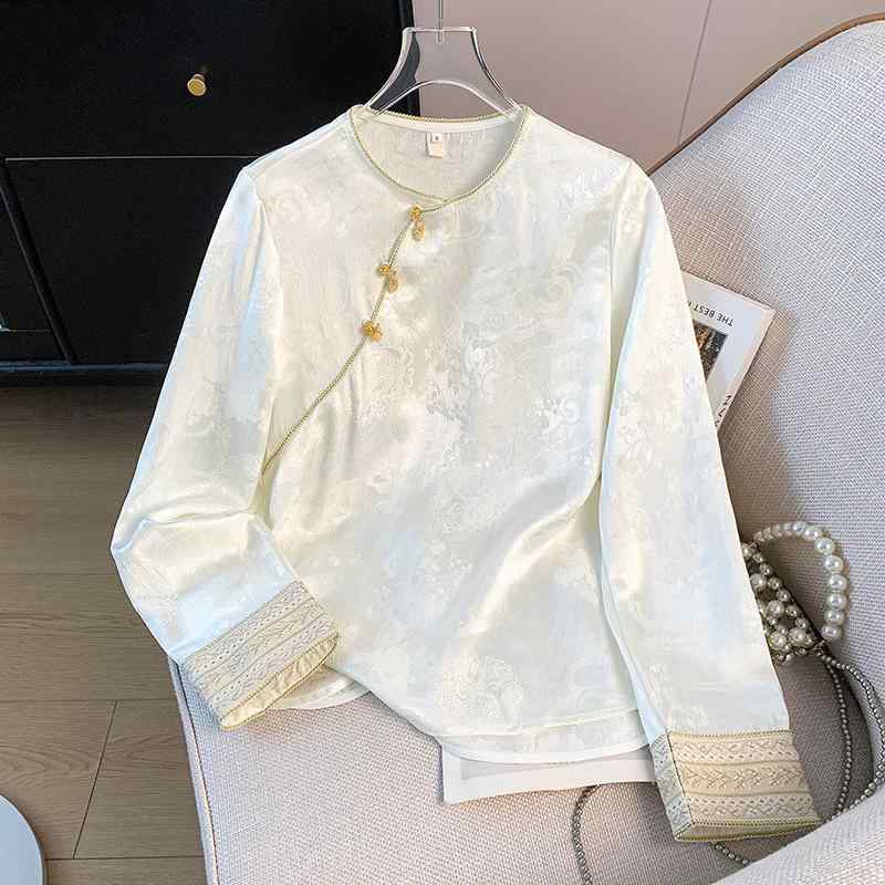 レディース ブラウス トップス 中国風 漢服風 エスニック スタイル 長袖 丸襟 スタンドカラー 盤扣 提花柄 織り柄 レトロ 上品