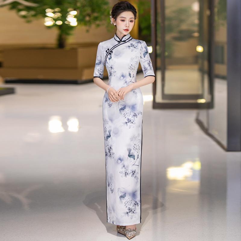 レディース ワンピース チャイナドレス レトロ 中国風 ロング丈 スタンドカラー サイドスリット 日常使い フォーマル 高級感 エレガント スタイル