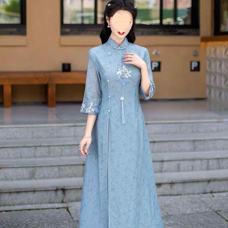 チャイナドレス レディース 刺繍 ロング丈 ワンピース 復古風 スリムフィット 中華風 エレガント 華やか 高級感 フォーマル 普段使い 伸縮性 素材 コットン 混 紡績 ブラック 赤 ピンク系 アイボリー