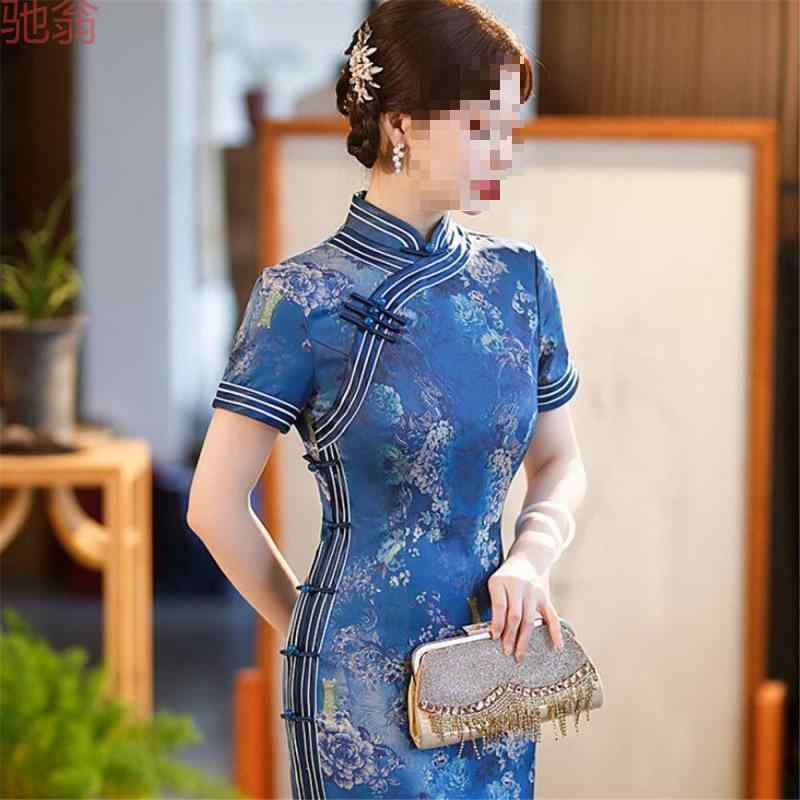 レディース チャイナドレス ロング丈 夏用 レトロ 高級感 中華風 スリット スタンドカラー フィットシルエット 軽量 素材 吸湿速乾 機能 パーティー 用途 普段使い|日用雑貨 RISE店