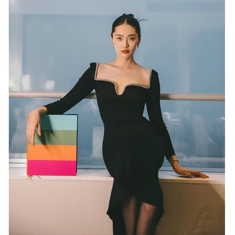 ロングドレス レディース 春 ニット フィッシュテール ブラック アイリス ジルコニア 装飾 パーティー用 セクシー 伸縮性 フォーマル クラシック|日用雑貨 RISE店