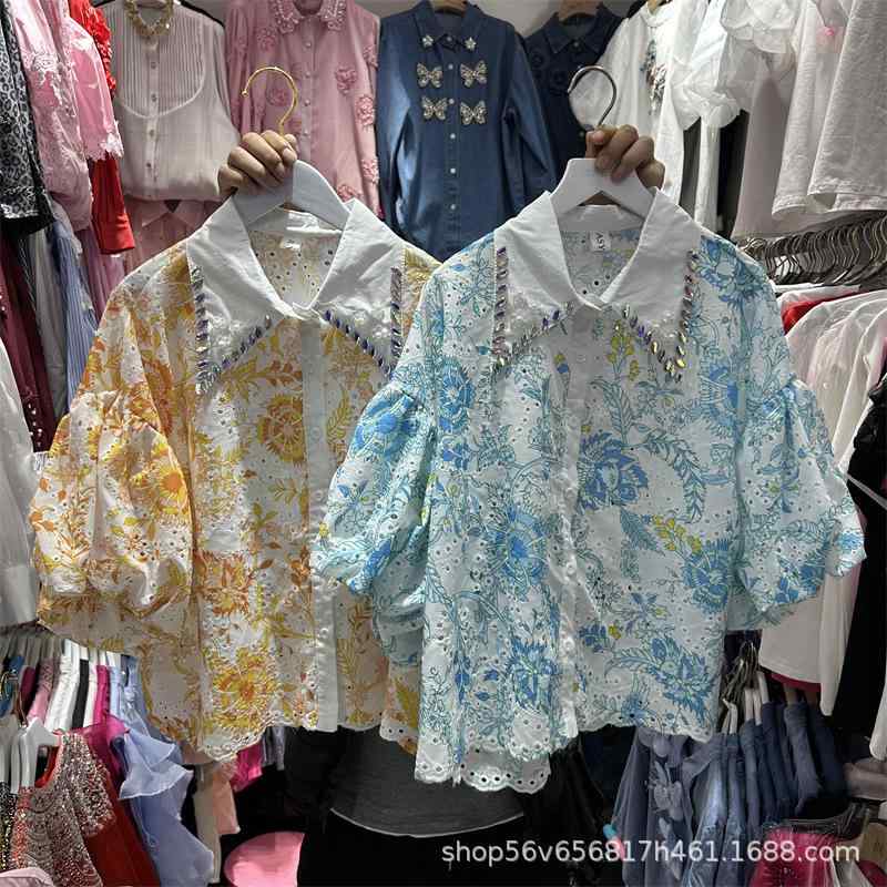 シャツ 女性用 刺繍 提花 パフスリーブ フィット 夏用 ジルコニア シングルブレスト ショート丈 カジュアル トップス 普段使い 軽量 綿素材 ビッグシルエット Vネック