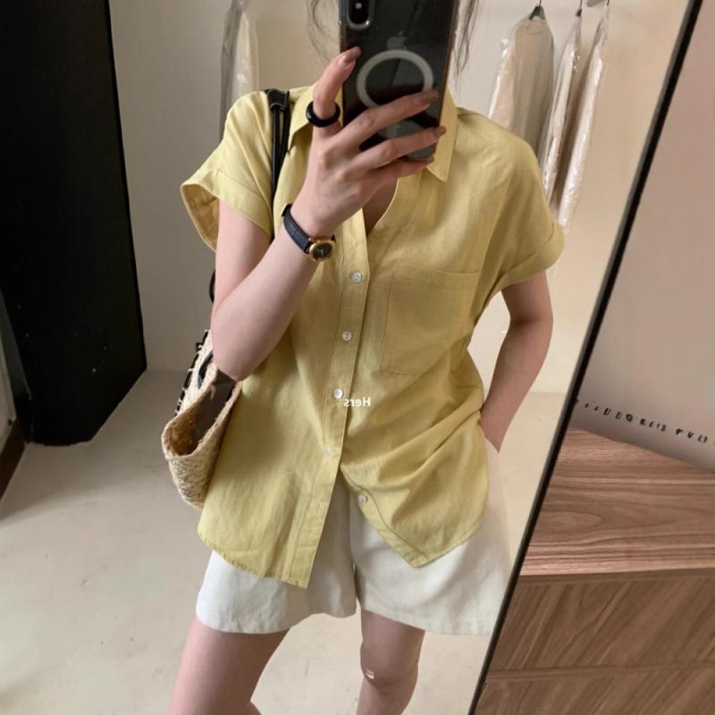 シャツ レディース イエロー 短袖 夏用 薄手 ゆったり 日焼け防止 UVカット リネン コットン混 カジュアル 日常使い 韓国 フィット トップス