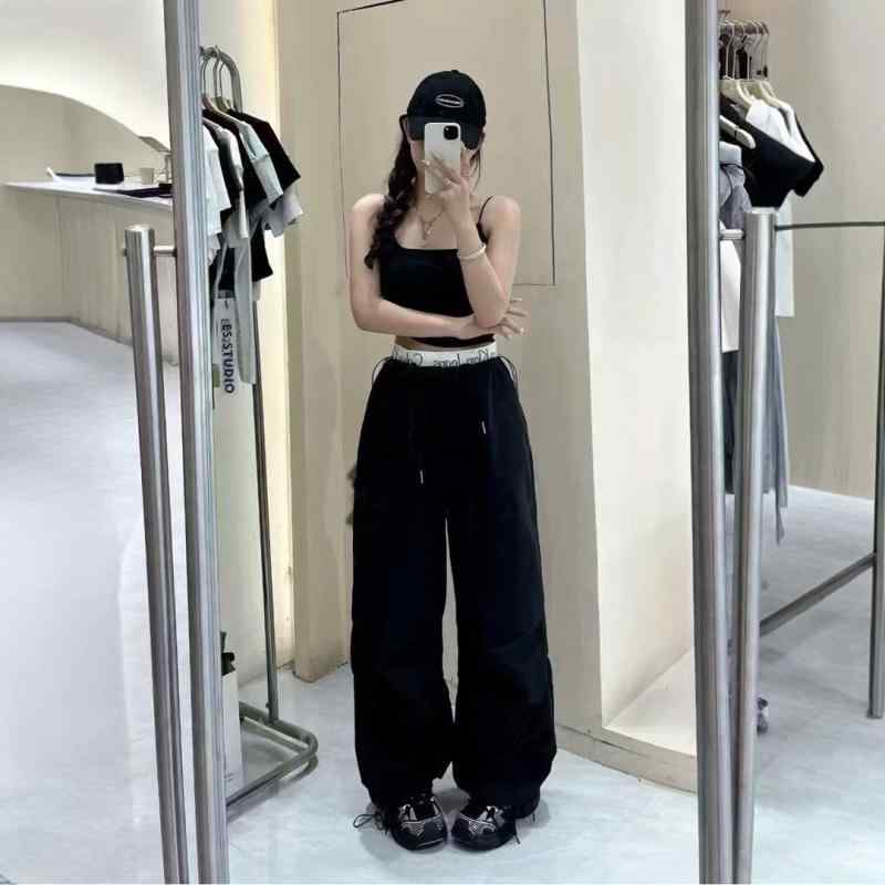カジュアル ワイドパンツ 低腰 ドローコード ゆったり ストレートレッグ 調整紐付き パラシュートスタイル フィット 普段使い 快適 シルエット