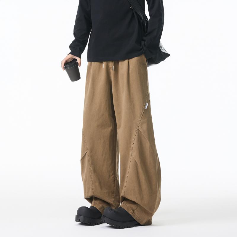 メンズ ワイドレッグ カーゴパンツ プリーツ ゆったり シルエット アメリカン スタイル シンプル カジュアル ズボン ストリート ファッション 普段使い ビッグシルエット 軽量 素材 伸縮性 加工